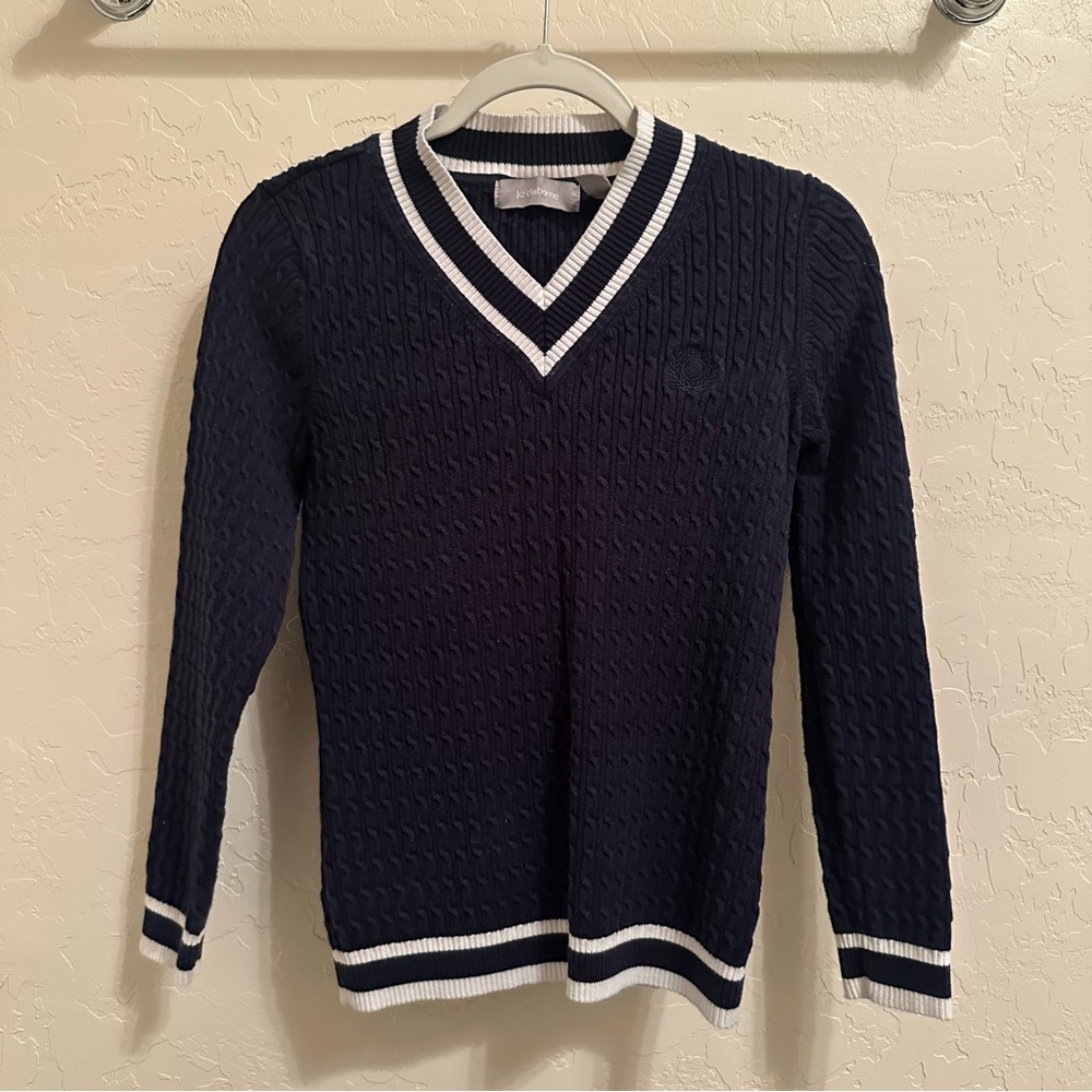 Liz Claiborne Navy V-Neck Cable Knit Sweater with White Trim